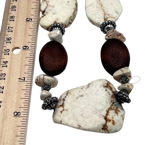 Chunky Boho Necklace With Howlite & Wooden Beads Adjustable Chain Closure - Picture 6 of 6